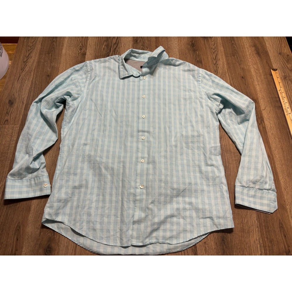 Van Heusen Shirt Mens Size L Light Blue Plaid Long Sleeve Button Up Collared